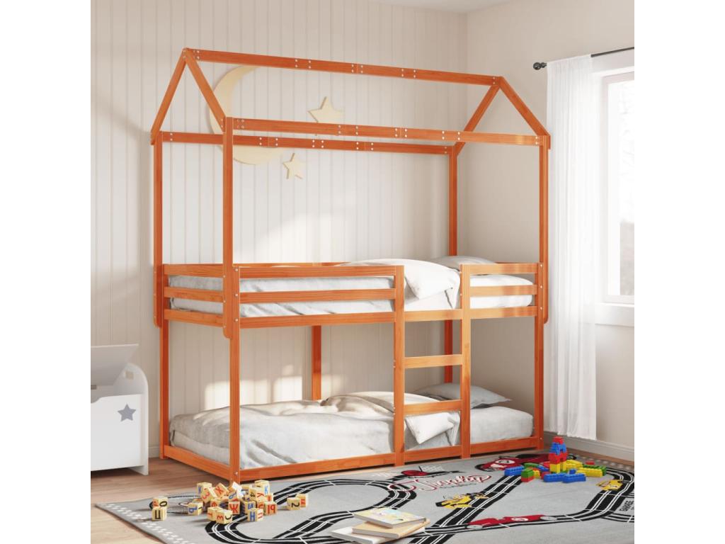 Bunk bed with brown waxed roof, 90x190cm, solid pine wood, HHTQ95855