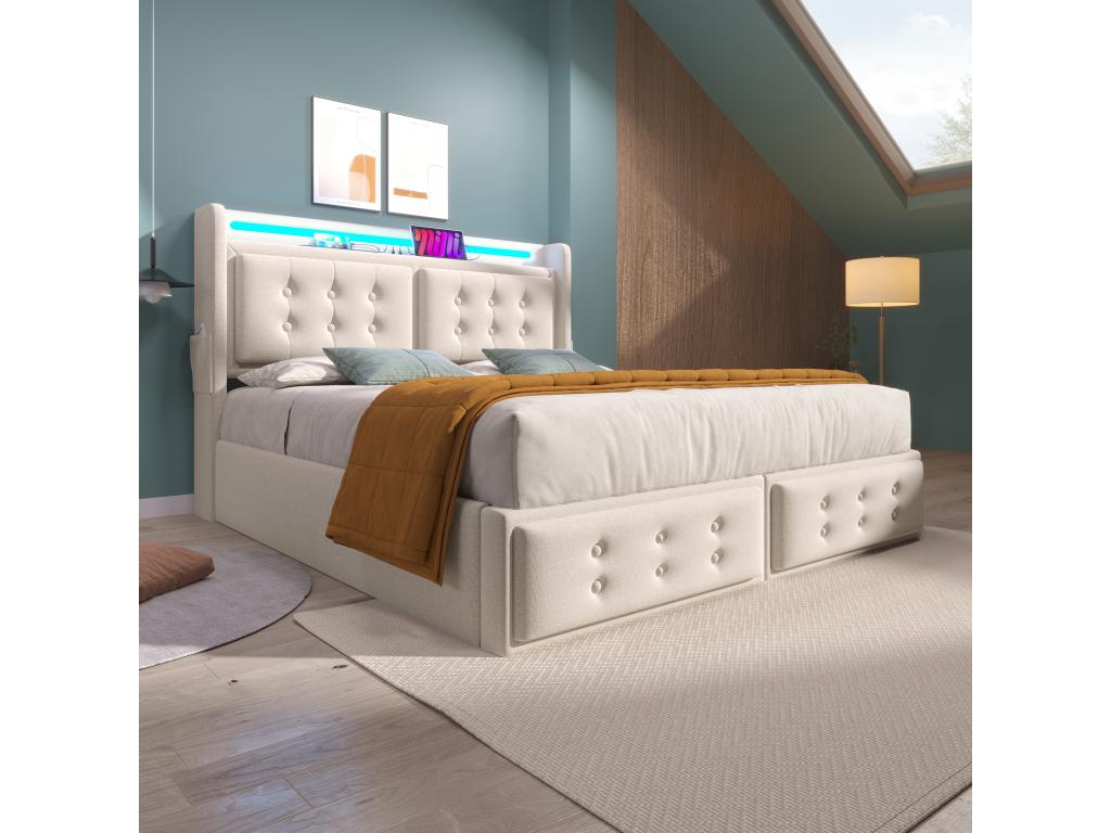 140x200cm Storage Bed in Linen Fabric - with LED and Charging Ports - Beige BEGL37087