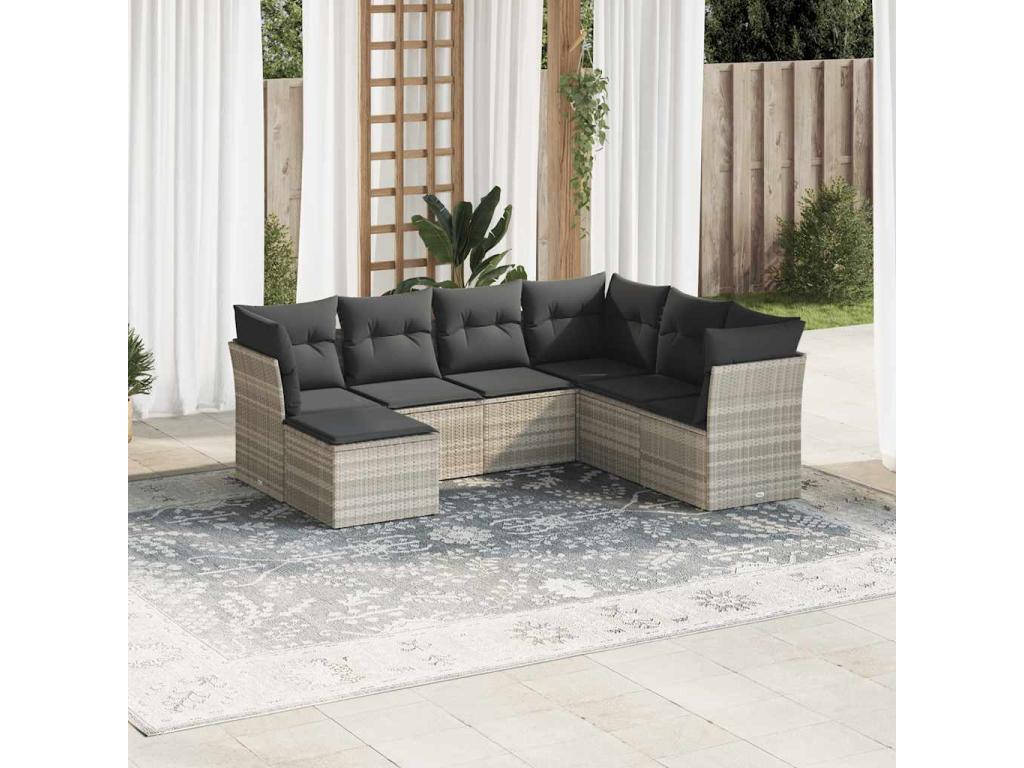 7-piece garden furniture set with cushions, light grey woven resin JWCM03514