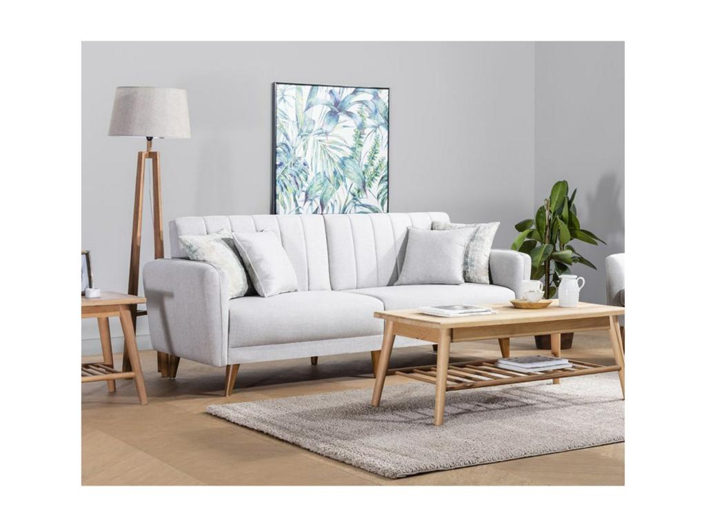 Dormeva 3-seater sofa bed in cream linen fabric with natural wood legs, 210cm UWXC79351