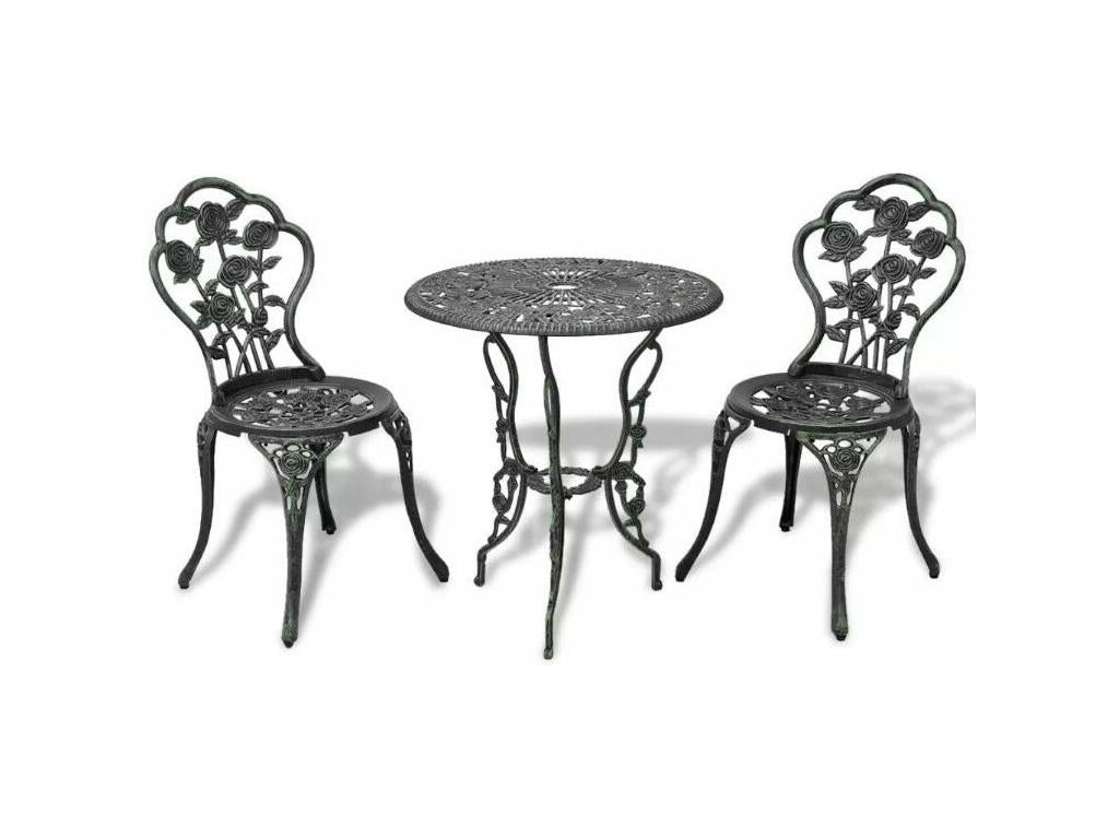 Round table and 2 green cast metal garden chairs Bridge EQPF03638