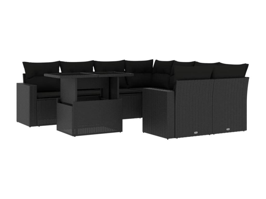 9-piece garden furniture set with cushions, black resin wicker VCIG39117