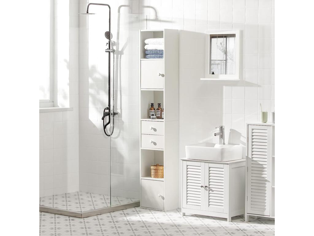 Freestanding Shelf Storage Unit Tall Column Cabinet with 2 Doors and 2 Drawers White Str10-w QUGH30668