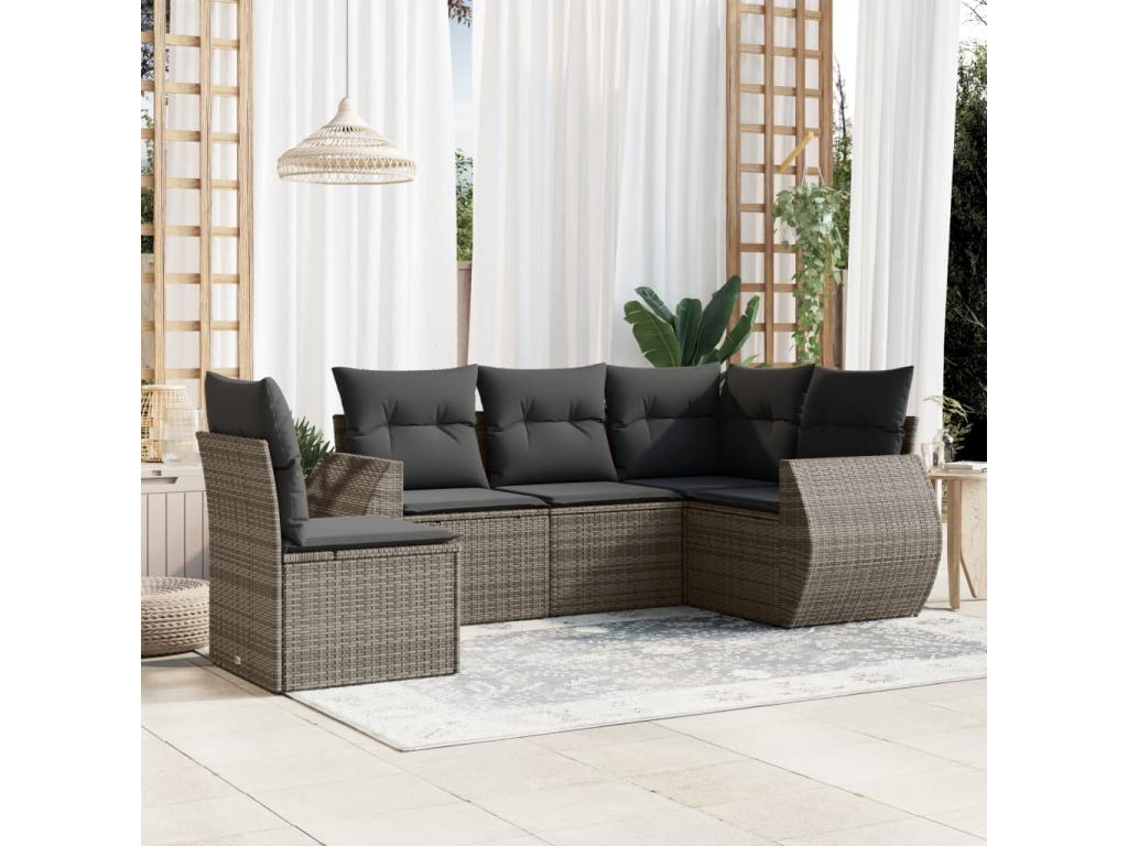 5-piece garden furniture set with grey resin wicker cushions VBMJ98010