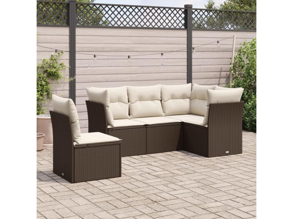 5-piece garden furniture set with cushions, brown woven resin CBMB67076