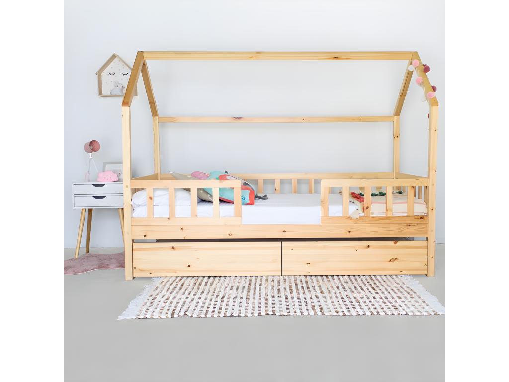 Cabin bed with guardrail, 2 drawers, pine wood, 90x190cm QETO29799
