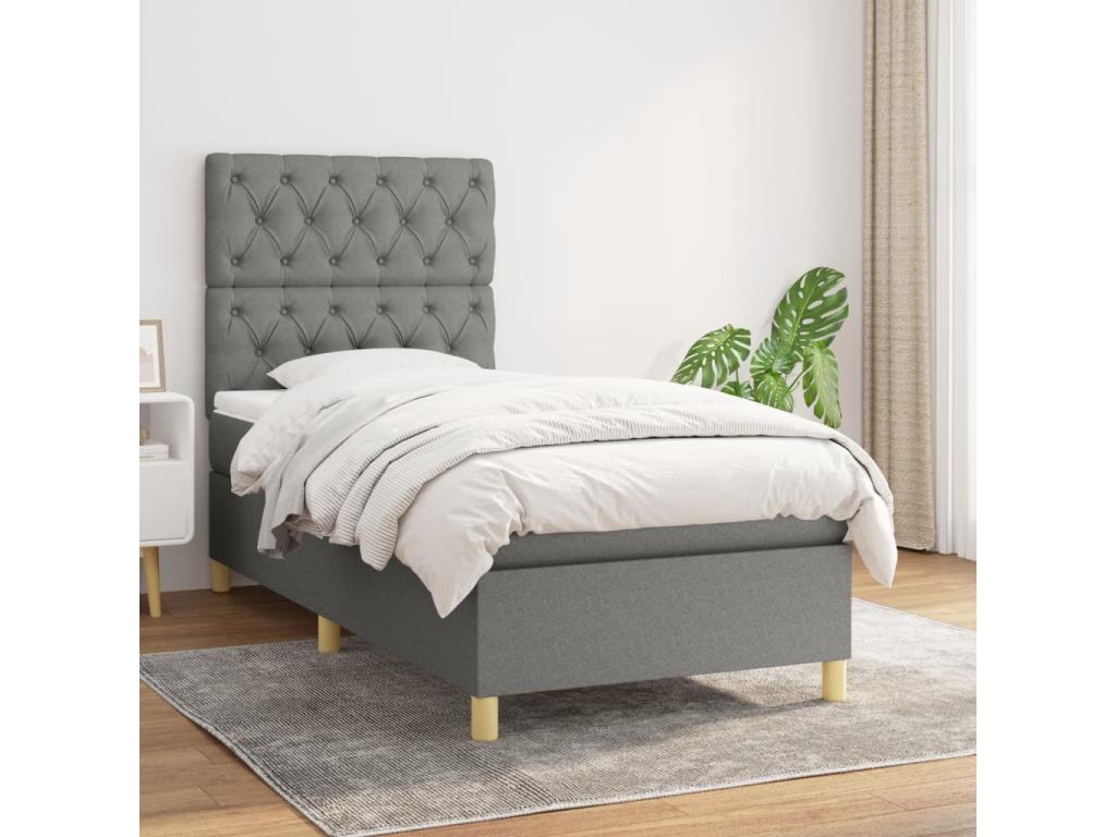 Upholstered bed base with mattress, dark grey, 80x200 cm, fabric KSKN03231