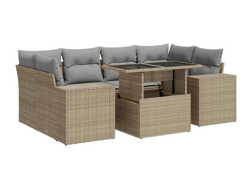 7-piece garden furniture set with cushions, beige woven resin, JKYS23827