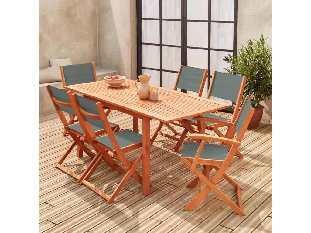 Extendable Savannah Garden Furniture Set - Dormeva - 120/180cm Table with Extension - 2 Armchairs and 4 Chairs - Made of Oiled Eucalyptus Wood and Khaki Textilene STVN72188