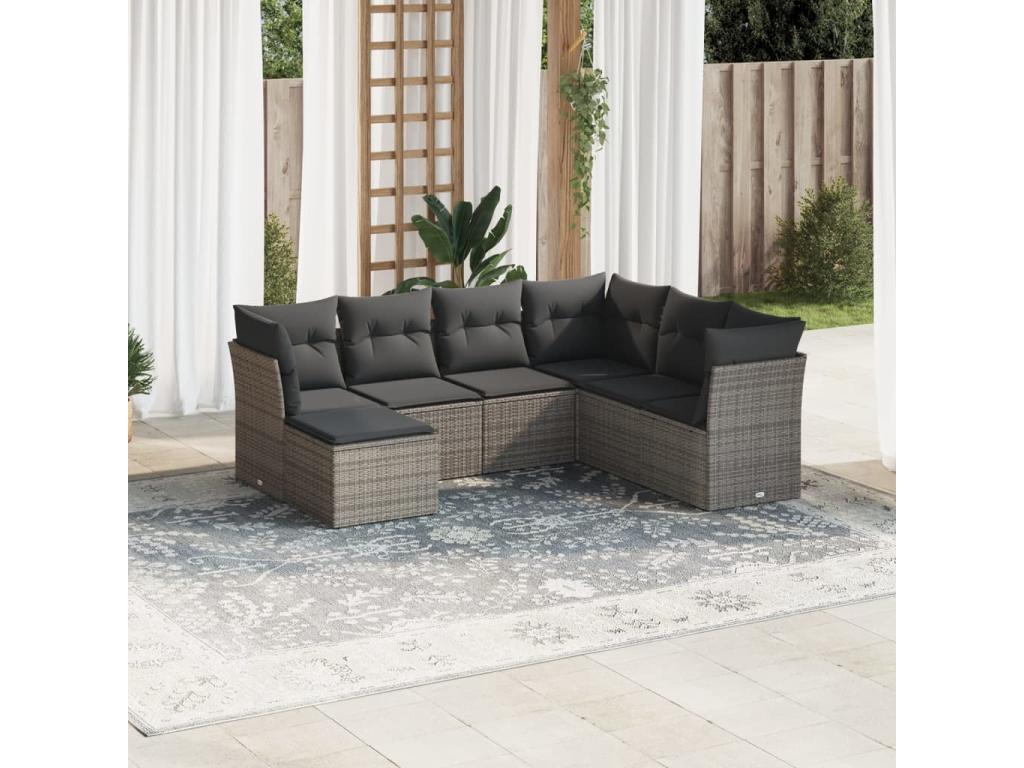 7-piece garden furniture set with cushions, grey woven resin KWMQ11430