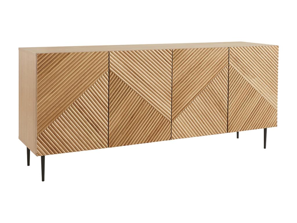 Dormeva UWXC38566 designer sideboard in light wood, solid engraved oak and black metal, 4 doors, L180 cm