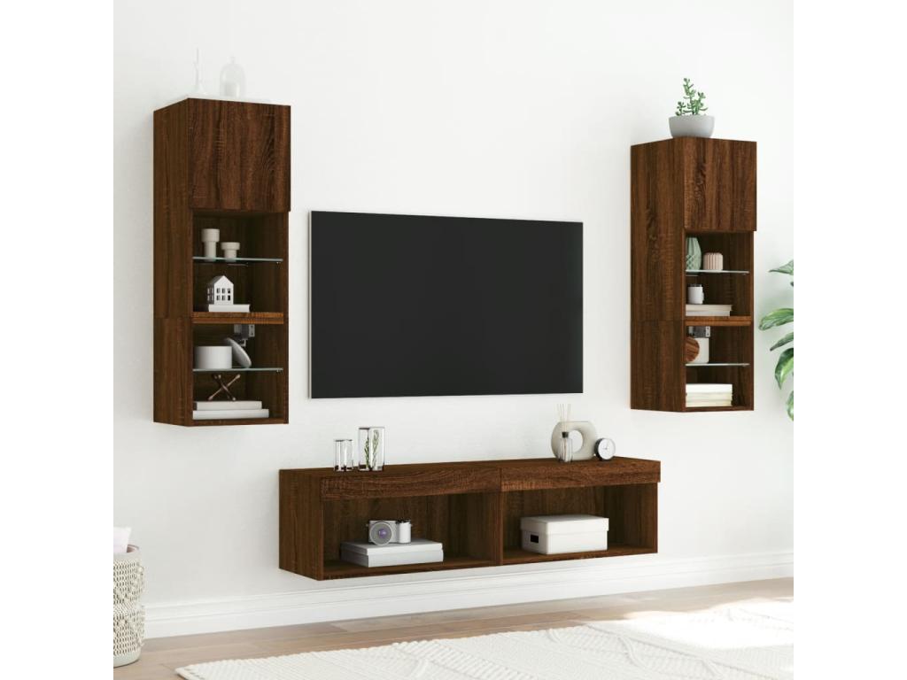 TV unit with LED lights, 2 pieces, brown oak, 60x30x30 cm, PYBP29427