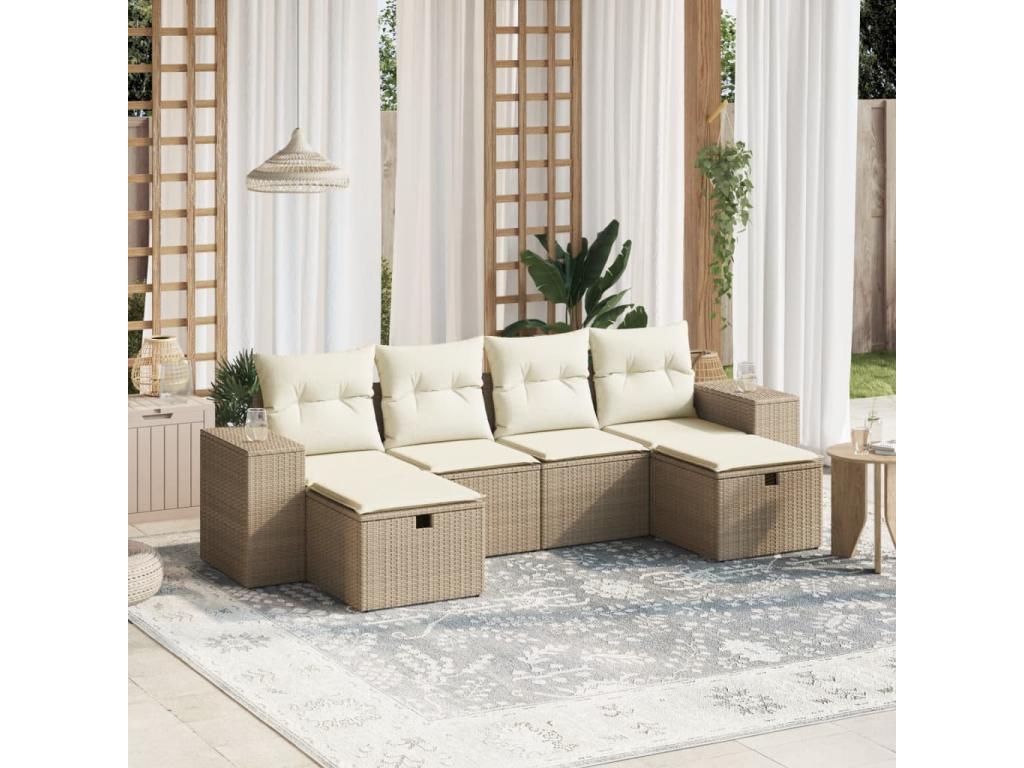 Garden furniture set with cushions, 6 pieces, beige woven resin, LZVM84442