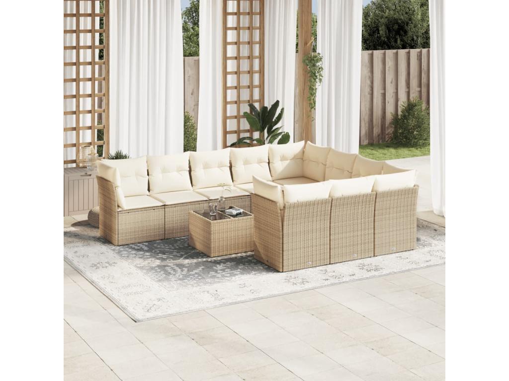 11-piece garden furniture set with beige cushions, woven resin QVDX30917