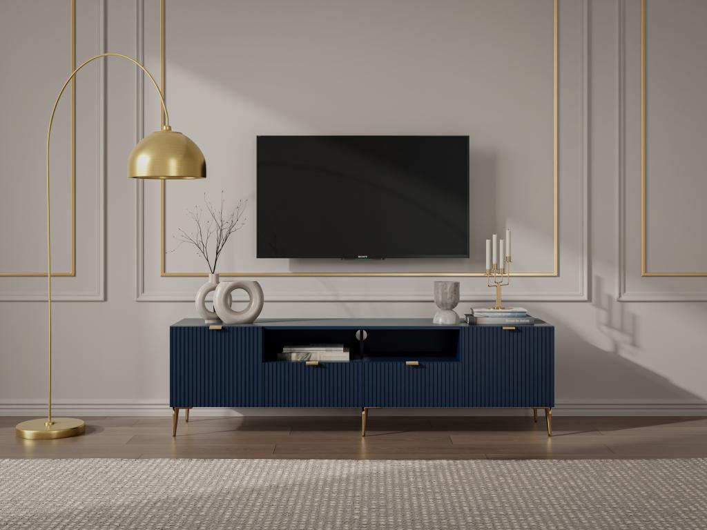 TV stand with 2 doors, 2 drawers and 2 shelves in MDF and steel - Blue and gold - Dormeva DYPO81103